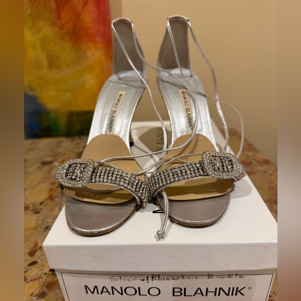 Manolo Blahnik Silver Heels with Rhinestone Detail